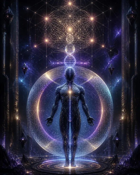 Composição vertical conecta corpo, implante cristalino, DNA sutil e rede estelar.