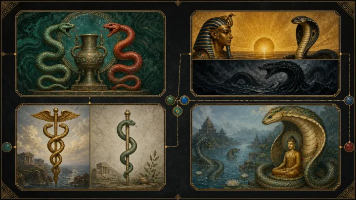 Atlas em quatro campos compara serpentes mesopotâmicas, egípcias, gregas e asiáticas sem fundir suas cenas.