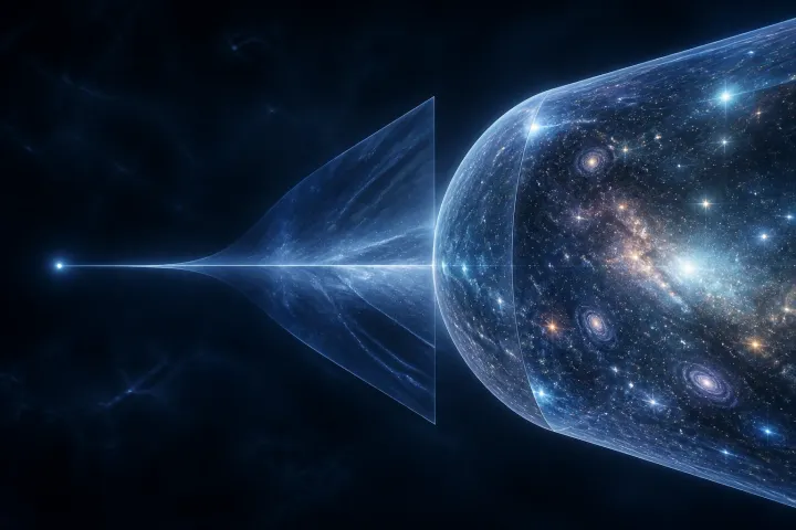Um ponto transforma-se em linha, plano translúcido e volume cósmico repleto de estrelas.