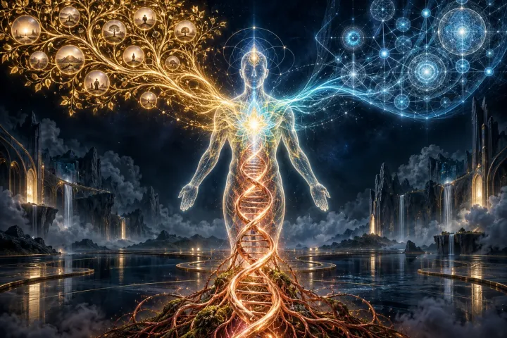 Uma árvore de memória dourada, uma trama azul de orientação e uma hélice orgânica convergem para uma figura humana translúcida.