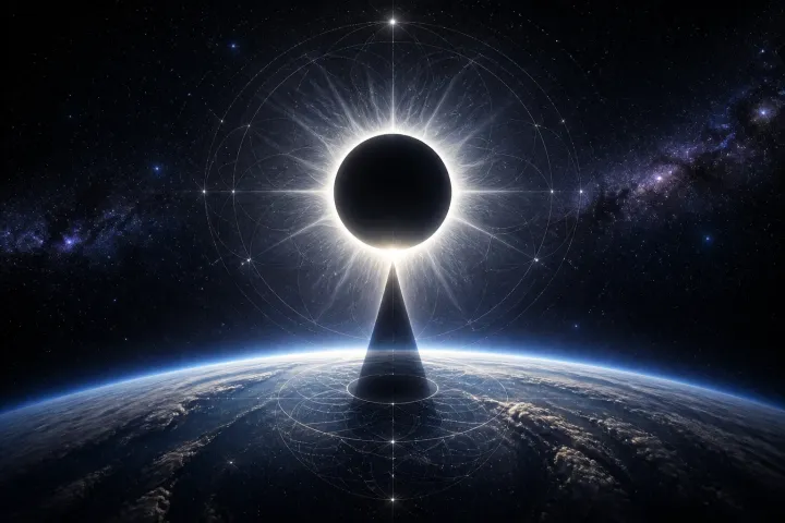 A Lua encobre o Sol, forma uma coroa luminosa e projeta sobre a Terra um cone de sombra cercado por geometria sagrada.