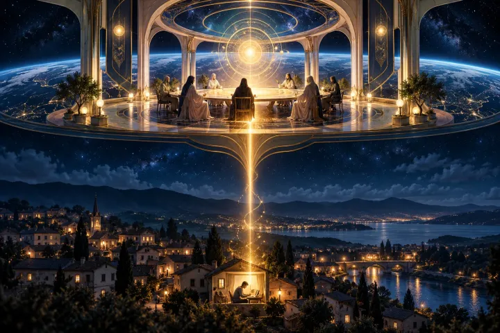 Um santuário de aprendizado orbital se conecta por um caminho luminoso a uma pessoa numa cidade terrestre.