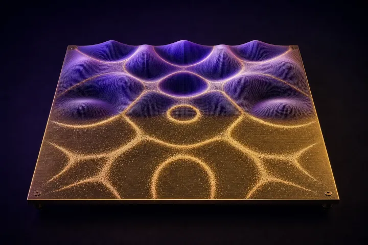 Visualização artística de uma placa de Chladni em que linhas de areia coincidem com regiões de deslocamento zero entre picos e vales violetas.