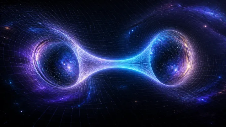 Duas regiões esféricas do cosmos são ligadas por uma garganta luminosa no espaço-tempo.