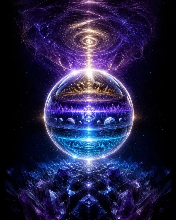 Esfera de mundos em camadas repousa sobre base mineral enquanto uma espiral de luz ascende ao cosmos.