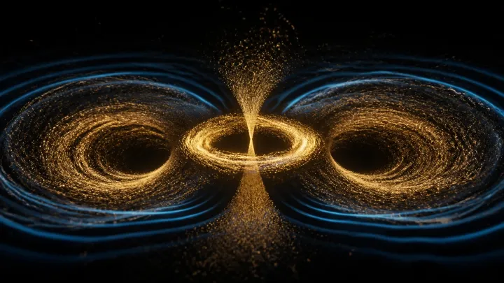 Ondas douradas e azuis desenham uma flor radial de múltiplas pétalas sobre água escura.