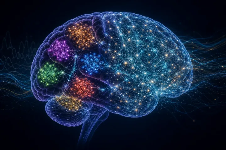 Perfil translúcido de um cérebro cercado por redes luminosas que mudam de módulos separados para uma malha mais integrada.