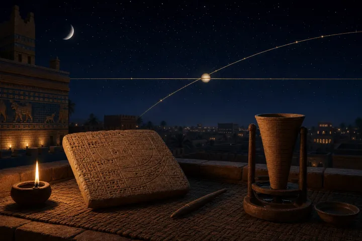 Júpiter cruza uma faixa simbólica do céu babilônico acima de uma tábua astronômica e uma clepsidra.