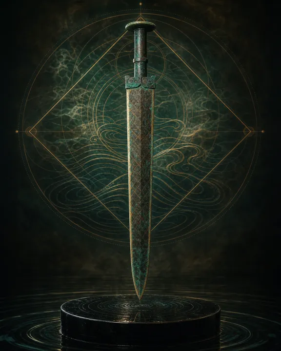 Representação artística original de Espada de Goujian — a lâmina que atravessou 2.400 anos no padrão visual Geometria Oculta