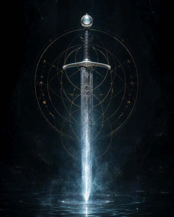 Representação artística original de Excalibur — a espada da soberania e do lago no padrão visual Geometria Oculta