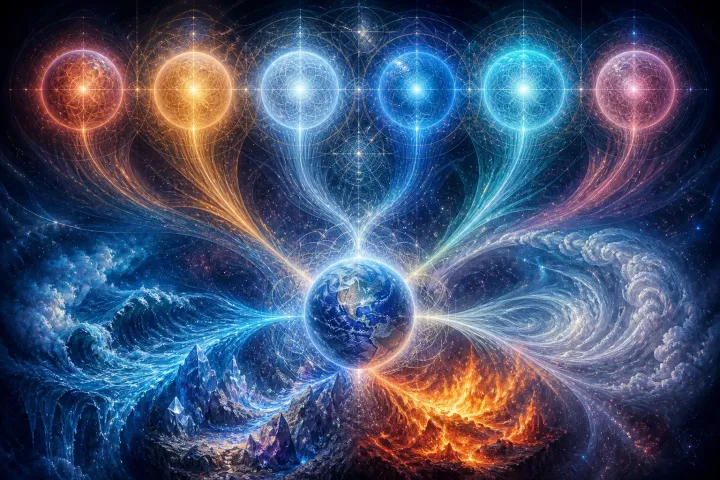 Seis esferas cósmicas projetam geometrias que se transformam em água, terra, fogo e ar ao redor da Terra.