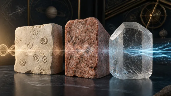 Blocos de calcário fossilífero, granito rosado e quartzo transparente respondem a uma onda luminosa.