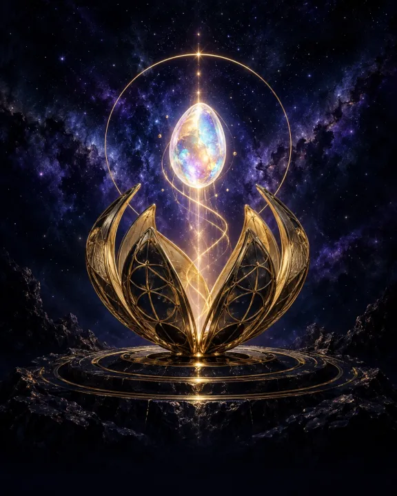 Semente opalescente ascende entre pétalas de uma estrutura dourada aberta, diante de estrelas violetas.
