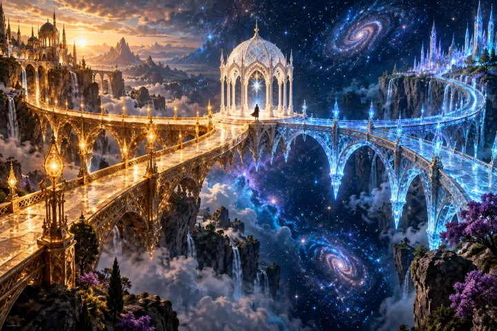 Duas pontes de luz, dourada e azul, encontram-se sobre um abismo em uma paisagem estelar.