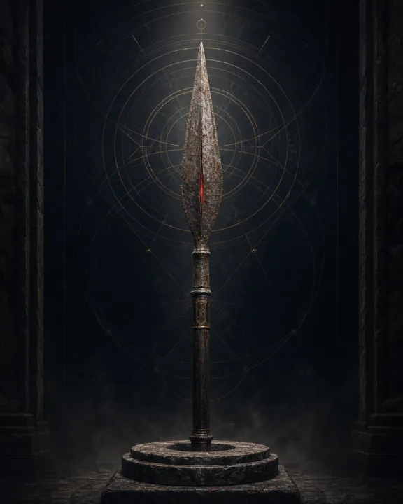 Representação artística original de Lança Sagrada — a arma que feriu o lado de Cristo no padrão visual Geometria Oculta