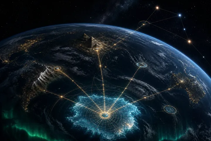 Linhas geodésicas conectam a Antártida a Gizé, oceanos, montanhas e Órion numa rede planetária e estelar.