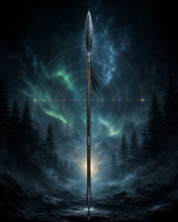 Representação artística original de Gungnir — a lança que não erra no padrão visual Geometria Oculta