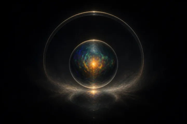 Esfera de opala negra contempla seu reflexo num arco transparente em meio ao vazio primordial.
