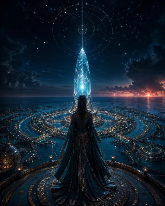 Uma sacerdotisa contempla o cristal Tuaoi, a cidade circular e o céu estrelado antes da transformação.