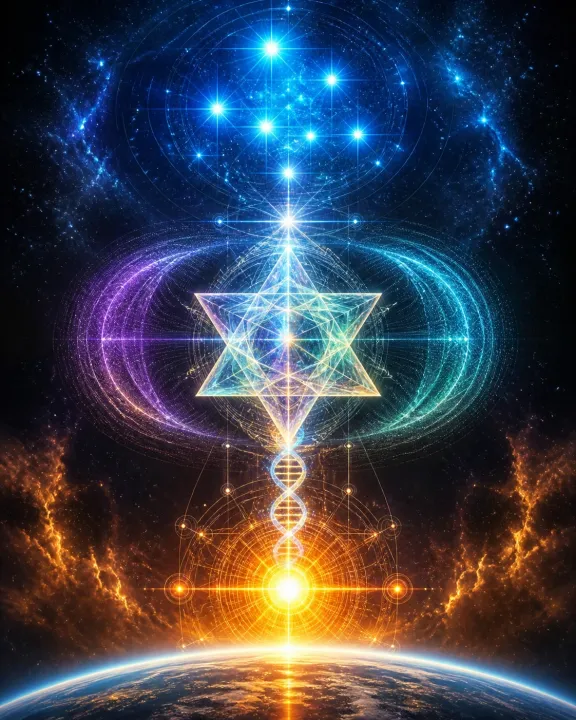 Composição vertical une Plêiades, Arcturus, merkaba, DNA e campo toroidal sobre a Terra.