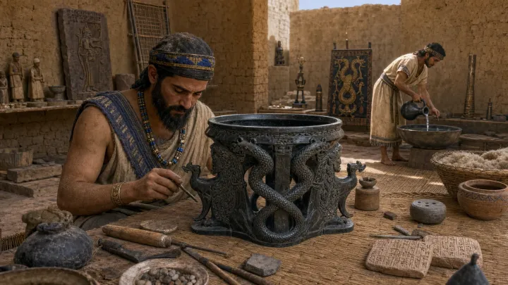 Artesão de Girsu trabalha em um vaso escuro com serpentes interlaçadas enquanto um assistente prepara uma libação.