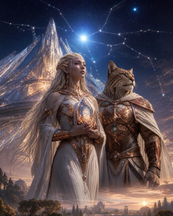 Uma guardiã liriana adulta e um guardião felino preservam um cristal-arquivo diante de Vega e das rotas do êxodo.