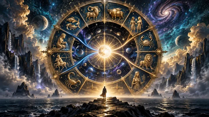 Uma figura contempla uma roda zodiacal dourada sobre o mar, diante de estrelas e montanhas.