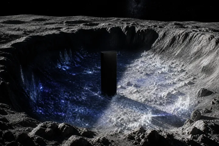 Cristais de gelo e um monólito negro ocupam uma cratera lunar no limite entre sombra permanente e luz rasante.
