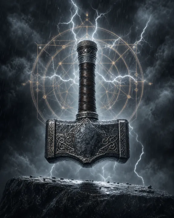 Representação artística original de Mjölnir — o martelo que sempre retorna no padrão visual Geometria Oculta
