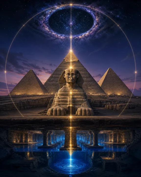 Composição vertical reúne água subterrânea, Esfinge, três pirâmides e um portal estelar num único eixo dourado.