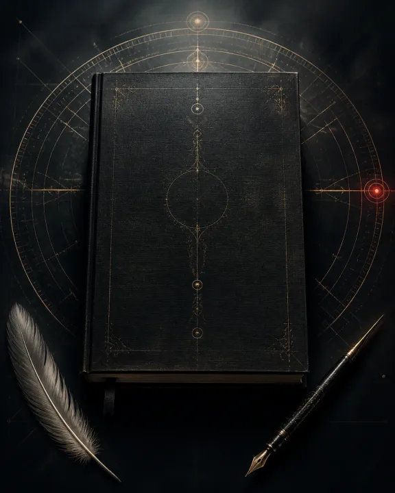 Representação artística original de Death Note — o caderno que converte nome em sentença no padrão visual Geometria Oculta