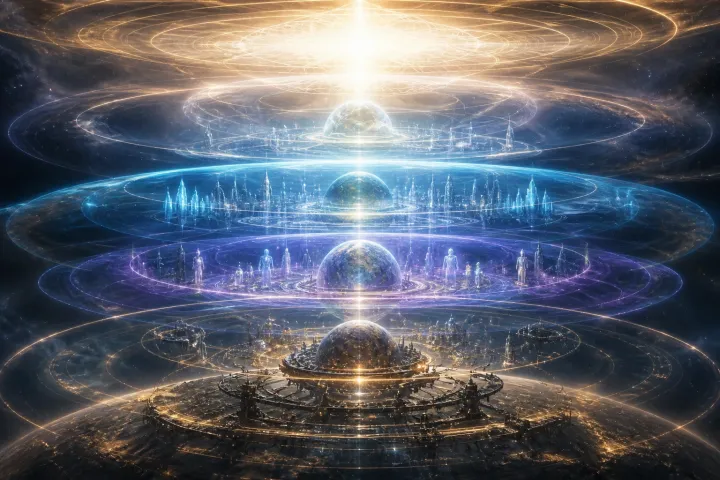 Um mesmo planeta e sua civilização aparecem sobrepostos em diferentes camadas vibracionais de matéria e luz.