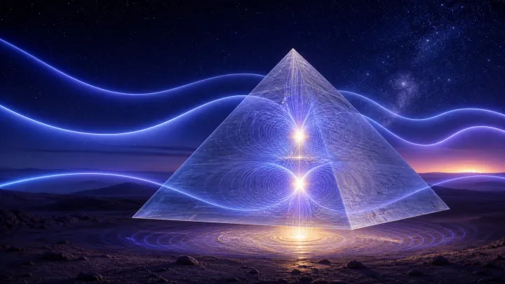 Longas ondas azul-violeta atravessam uma pirâmide translúcida e formam máximos de energia em seu interior.