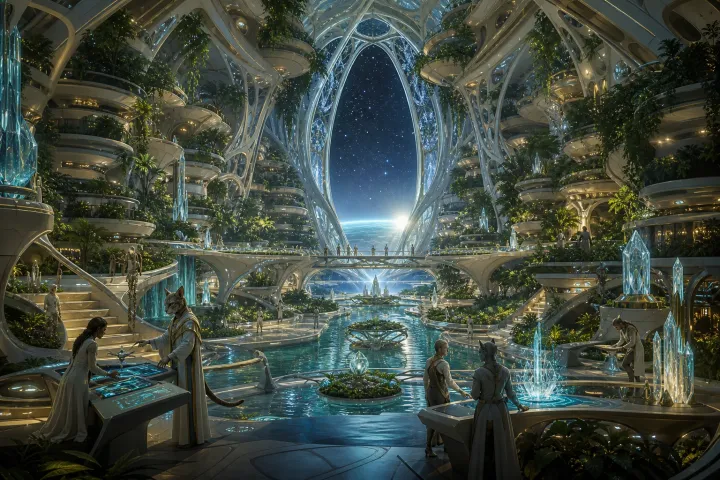 O interior de uma nave-mãe reúne jardins, água, cristais, observatórios e tripulantes de espécies diferentes.