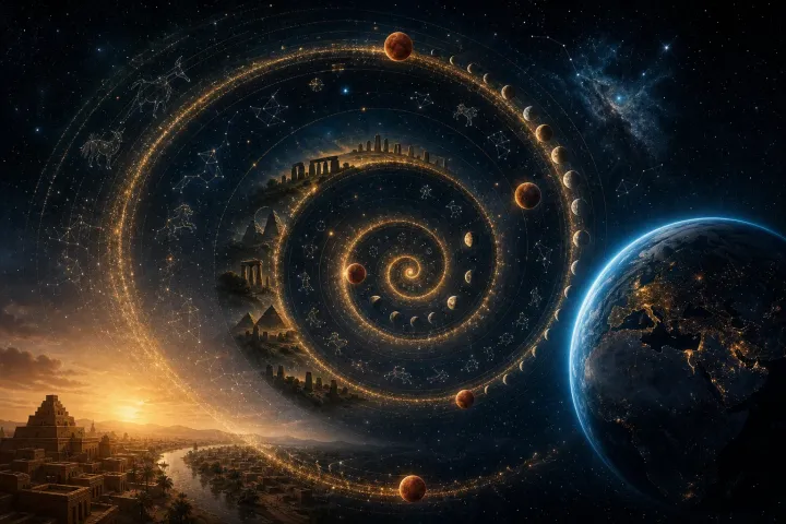 Espiral dourada conecta uma cidade antiga à Terra moderna através do ciclo orbital de Nibiru.