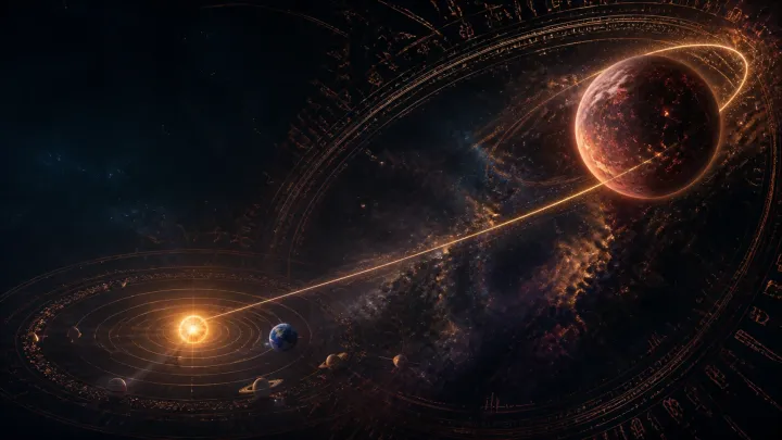 Nibiru percorre uma órbita luminosa entre o Sistema Solar e um mecanismo celeste de inspiração mesopotâmica.