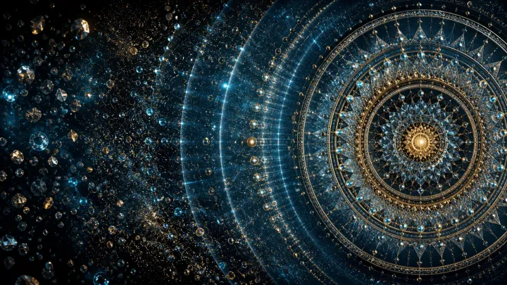 Mandala de ondas douradas e azuis surge na água escura dentro de um recipiente de obsidiana.