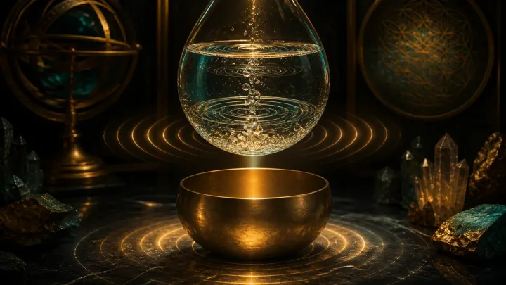 Ondas estacionárias luminosas atravessam um santuário de pedra vazio com uma tigela sonora ao centro.