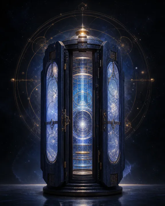 Representação artística original de TARDIS — a nave maior por dentro no padrão visual Geometria Oculta