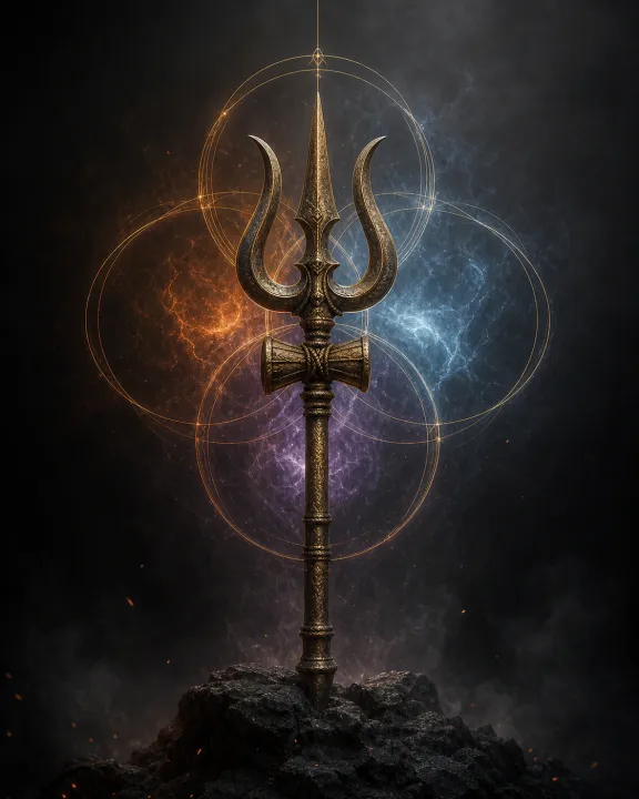 Representação artística original de Trishula — o tridente de Shiva no padrão visual Geometria Oculta