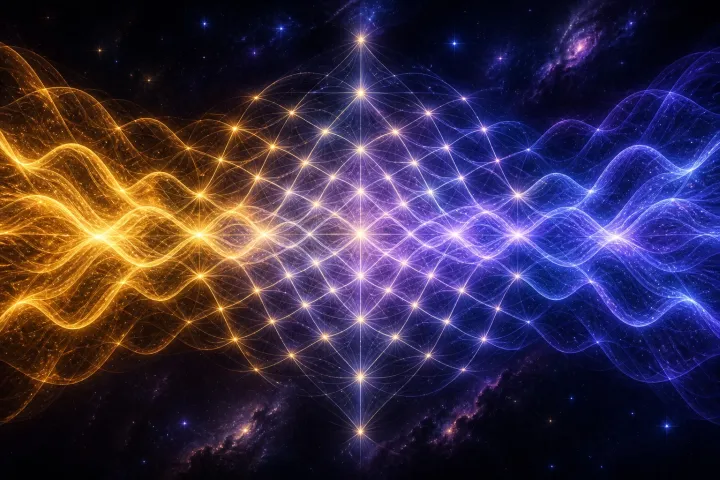 Ondas douradas e índigo cruzam-se e formam uma rede de nós luminosos.
