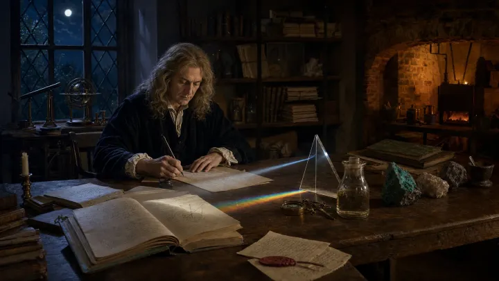 Isaac Newton escreve ao lado de um manuscrito alquímico, prisma, minerais, vaso de vidro e forno.