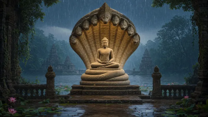 Buda medita sobre as espiras de Mucalinda enquanto o capelo de várias cobras o protege da chuva de monção.