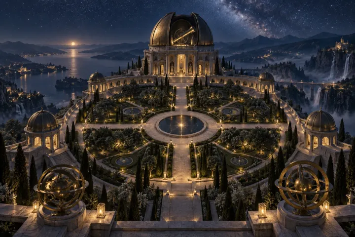 Jardim circular de observatório atravessado por quatro caminhos em cruz