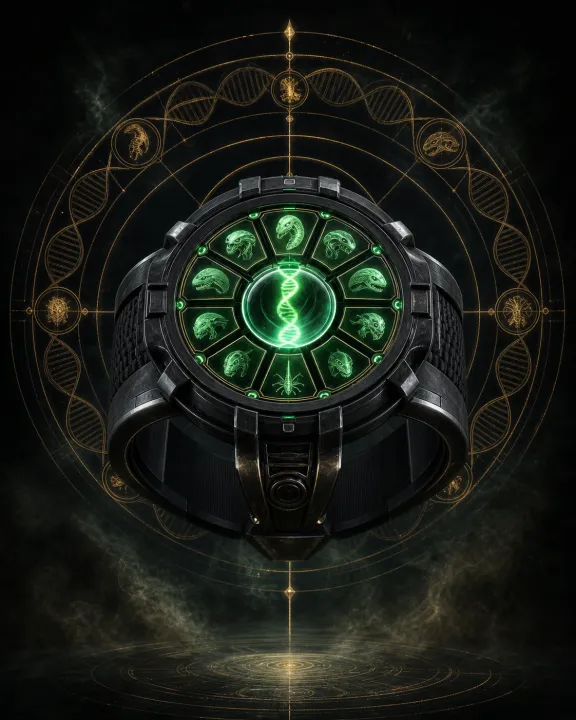 Representação artística original de Omnitrix — o relógio que arquiva espécies no padrão visual Geometria Oculta