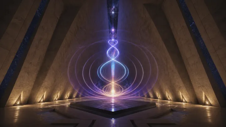 Campo toroidal violeta e dourado se expande no centro de uma câmara piramidal vazia.