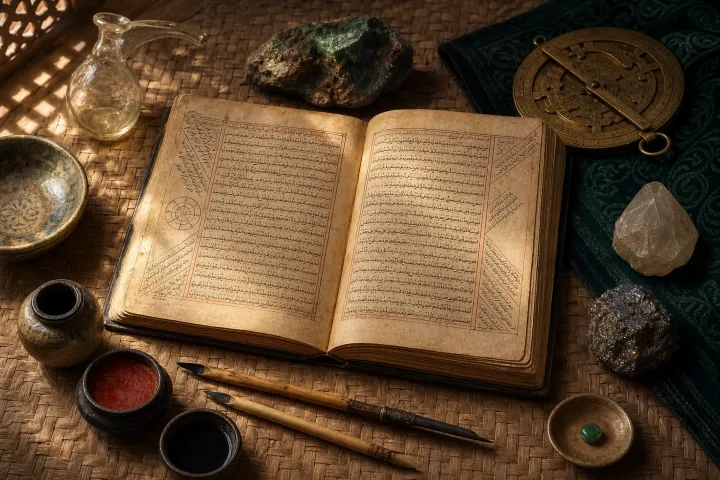 Manuscrito árabe de filosofia natural aberto entre penas de junco, minerais, vidro e instrumentos de estudo.
