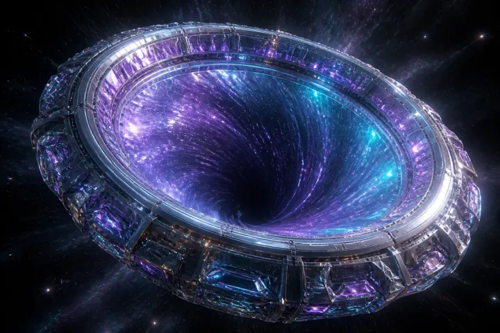 Nave circular cristalina gera um toro violeta e abre silenciosamente uma passagem em seu centro imóvel.