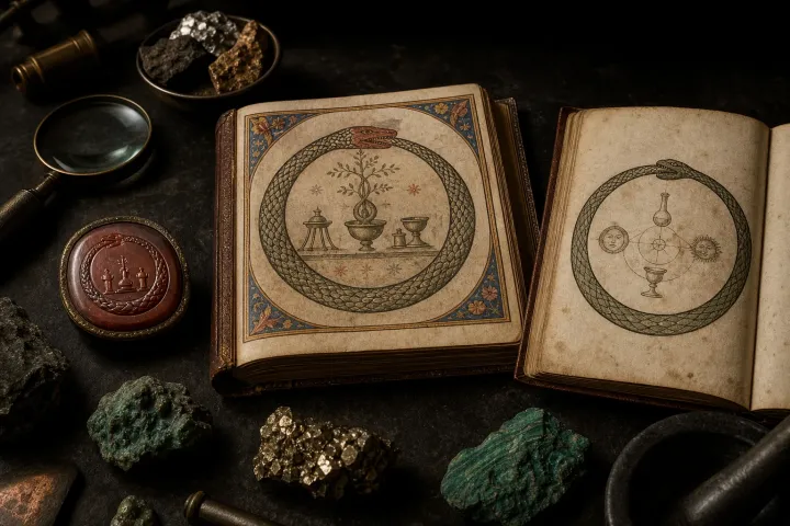 Gema tardo-romana, manuscrito medieval e caderno alquímico mostram versões distintas de uma serpente que morde a própria cauda.