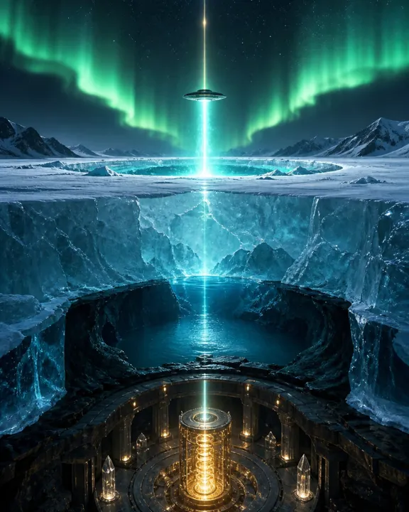 Composição vertical conecta aurora, nave, gelo, lago subglacial, base circular e núcleo Vril.
